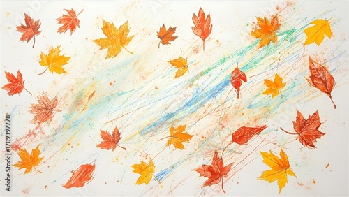 A simple, hand-drawn background featuring cute autumn leaves and colorful crayon scribbles. A charming and playful design for children's projects, scrapbooking, or back-to-school themes