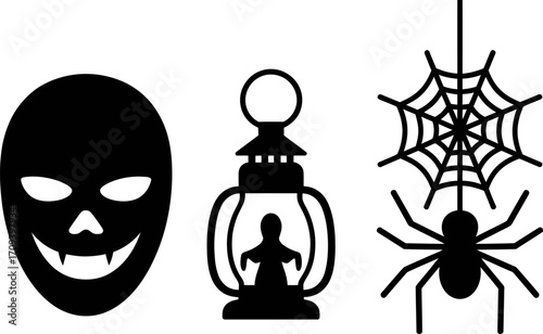 Spooky Halloween icons: scary mask, vintage lantern, and spider web with spider.