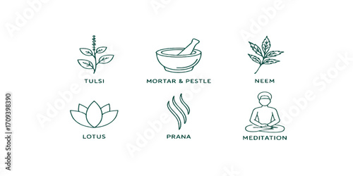 Print  Ayurveda and Natural Medicine Icon Set – Elegant Line Art Vector of Herbs, Mortar and Pestle, Yoga Symbols, and Meditation
