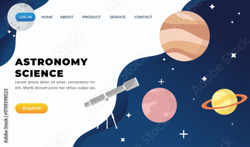 Big data application vector graphics An “Astronomy Science” poster with planets, a telescope, and text, on a dark space - themed background
