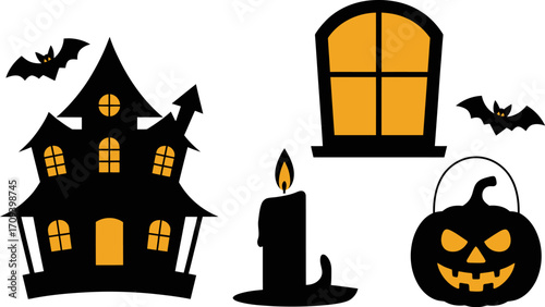 Spooky Halloween elements including a haunted house, jack-o-lantern, candle, and bats