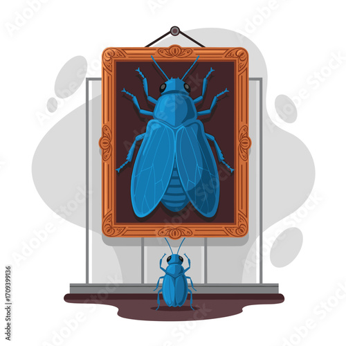 A blue beetle specimen displayed in a museum.