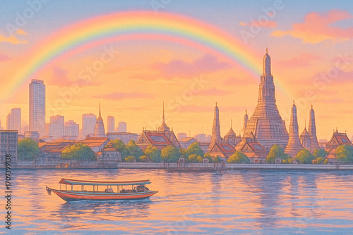 Retro-1997 style Bangkok Riverside Skyline with Building at Long-shot view, Pastel Color