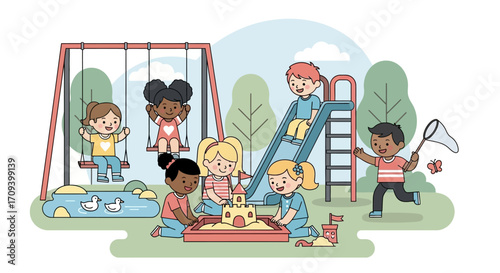 Happy diverse children playing together on a playground, building a sandcastle, swinging, and sliding, illustrated in a bright, cheerful style against a green park