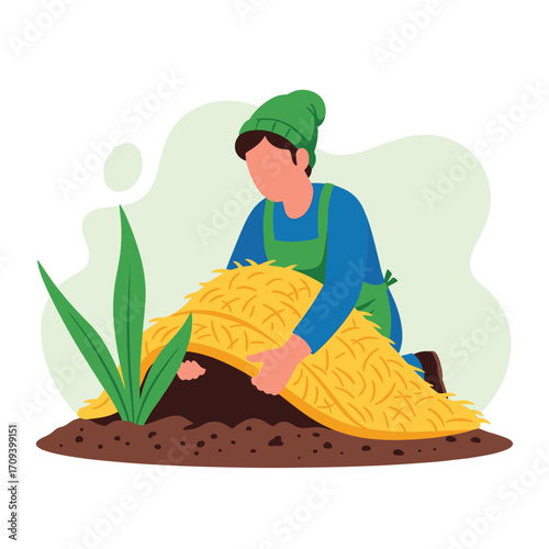 Farmer tending to a hay bale in a garden setting.