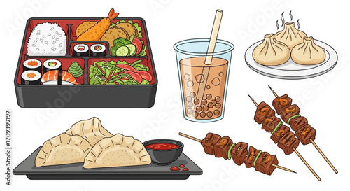 Flat lay illustration of various Asian dishes including sushi, bento box, dumplings, boba tea, and satay skewers, against a white background, in a vibrant and colorful