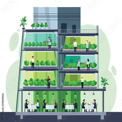 Vertical Farming Building with Restaurant Inside.
