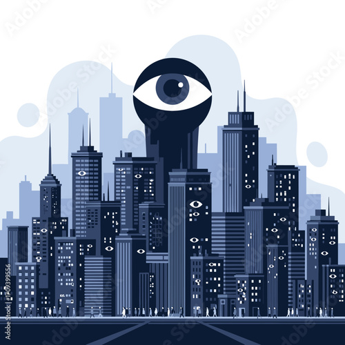 Surveillance Eye Over Cityscape Symbolizing Big Brother and Privacy Concerns.