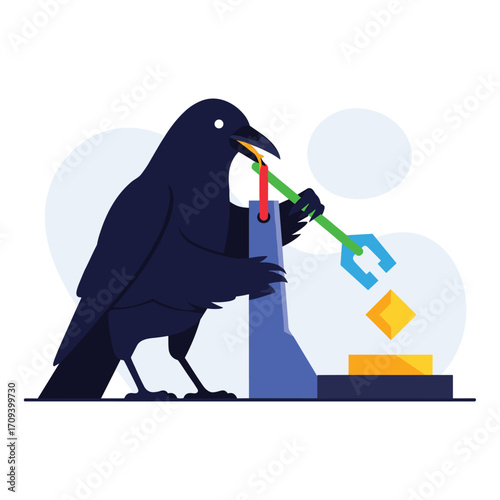 Clever Crow Ingeniously Uses Tool to Extract Shiny Object.
