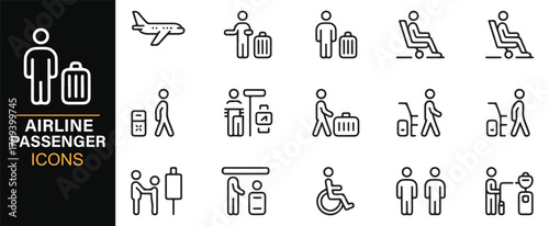 Air travel icons set featuring airplane, waiting passengers, and suitcase symbols