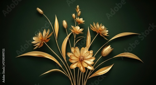 Elegant golden flower arrangement on a dark green background, creating a luxurious and sophisticated aesthetic for various design projects