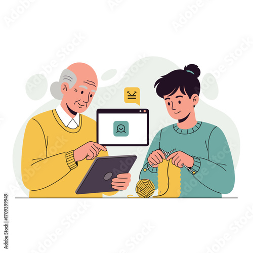 Grandfather and granddaughter learning together on tablet and knitting.