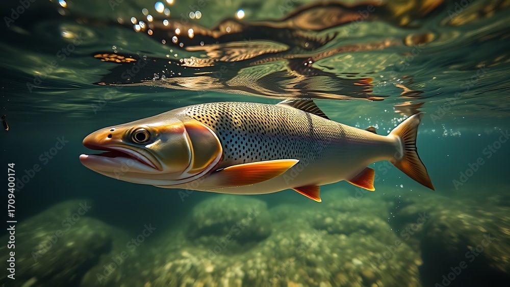 Fototapeta premium Trout swimming gracefully in a clear stream, immersed in a tranquil underwater world.