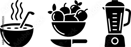 Wholesome kitchen icons showing soup, fresh fruit, and a blender for healthy meal preparation.