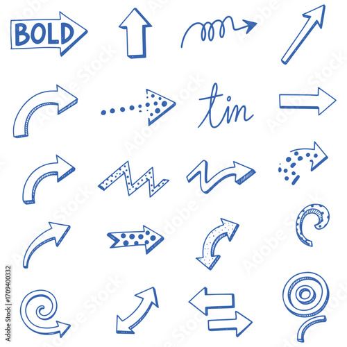 Hand drawn arrows set pointing in various directions for design and decoration