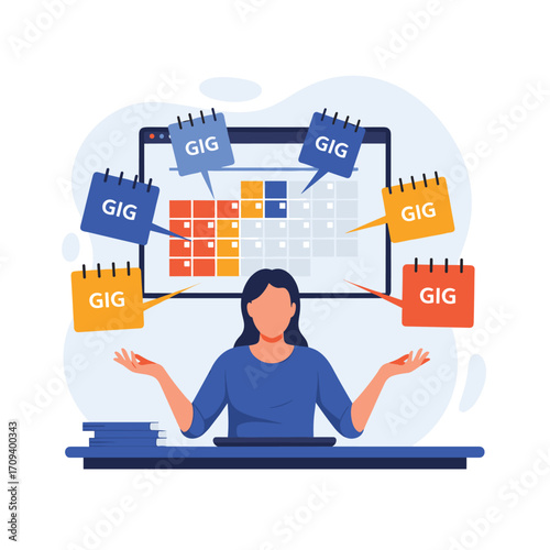 Woman juggling multiple gigs and tasks on a computer screen.