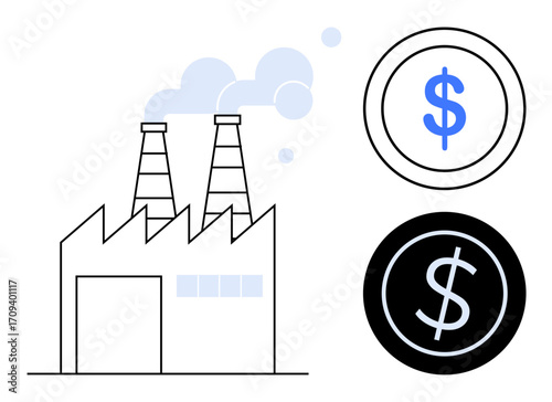 Factory emitting smoke beside two large dollar signs, highlighting business, manufacturing, economy, finance, management, sustainability, production. Ideal for industry growth or simple flat metaphor