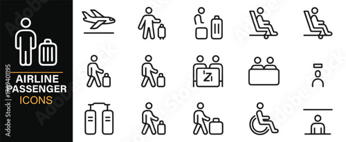 Outline style airline passenger icons collection with airplane, seats, and luggage symbols