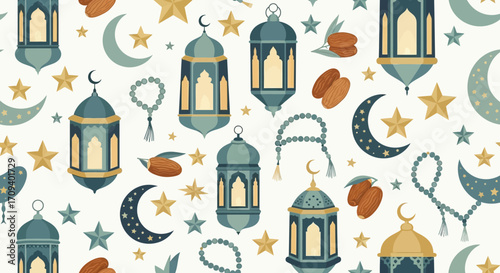 Flat lay pattern design featuring teal and gold Islamic lanterns, stars, moons, dates, and prayer beads against a white background, conveying a serene and festive mood.