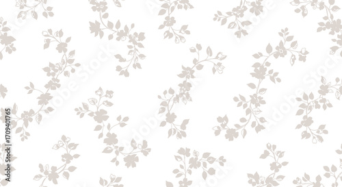 Soft gray floral pattern, seamless repeat texture, delicate minimalist design, light background, subtle branches and leaves, flat lay style.