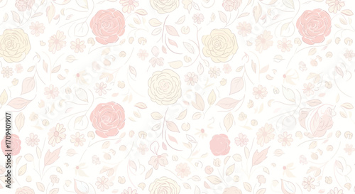 Pastel pink and yellow floral pattern; seamless repeat design with delicate hand-drawn roses and leaves;  flat lay, minimalist style;  white background; conveying a
