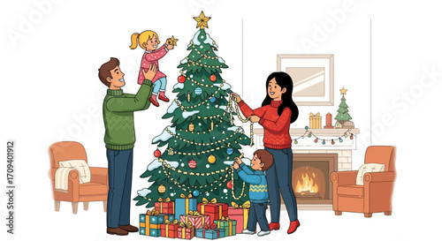 Family decorating Christmas tree together in living room, illustrated style with warm colors, flat lay composition, showing festive ornaments and gifts.