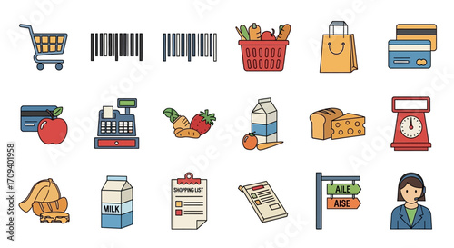 Flat lay of colorful grocery store icons including shopping cart, barcode, credit card, milk, bread, and cashier;  clean, simple design with a bright, cheerful mood