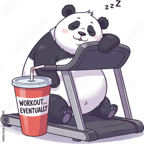 Cute cartoon panda sleeping on a treadmill next to a soda cup that says 'Workout... Eventually', illustrated in a flat style with pastel colors against a white