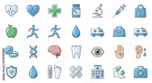 Flat lay of healthcare icons; medical symbols;  blue and green palette; clean white background;  illustrative style.