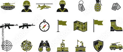 Collection of military icons in olive green and black, featuring weapons, vehicles, and equipment, presented in a flat, grid layout against a white background.