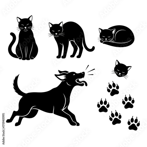 Collection of black silhouette illustrations: cat sitting, cat standing, cat sleeping, dog running, barking dog, paw prints;  simple, minimalist style against a white