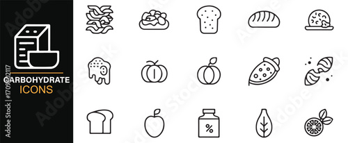 Carbohydrate outline icons featuring food staples, fruits, and grains for diet design