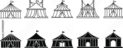 Circus tent icon set, black and white illustrations, silhouette and line styles, event architecture, festival design, stylized graphic, playful structure