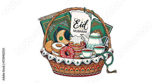 Flat lay illustration of an Eid Mubarak gift basket containing books, tea set, sweets, and prayer beads against a white background, showcasing warm colors and festive