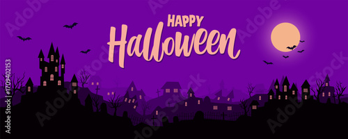 Halloween city with bats, scary houses, trees and an ominous moon. A spooky Halloween town at night for a festive background and design. Horrible houses, trees, and flying birds vector illustration.