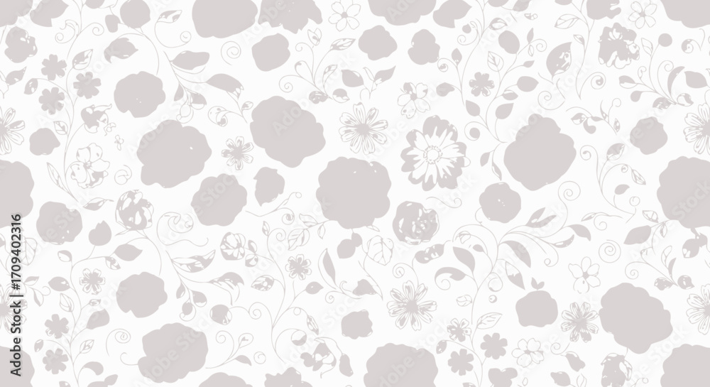 Fototapeta premium Soft grey and white floral pattern, seamless design, minimalist style, flat lay textile texture, background with delicate flower shapes.