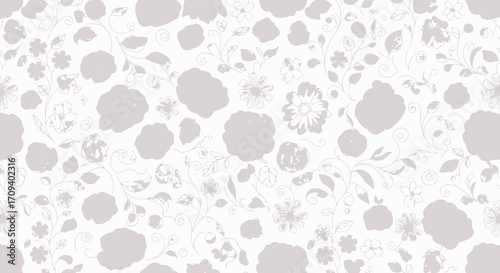 Soft grey and white floral pattern, seamless design, minimalist style, flat lay textile texture, background with delicate flower shapes.