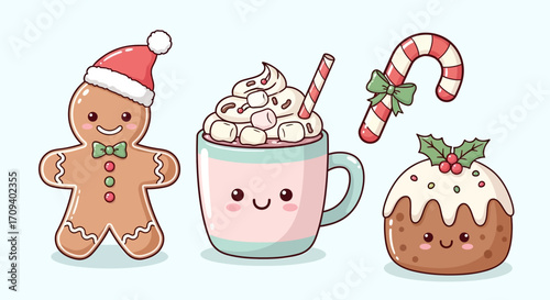 Flat lay illustration of cute Christmas treats: gingerbread man, hot chocolate, candy cane, and plum pudding against a light blue background, conveying a cheerful