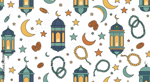 Seamless pattern of Ramadan lanterns, stars, moons, dates, and prayer beads on a white background, illustrated in a flat style with warm teal and orange tones.