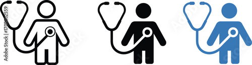 Doctor icon set, stethoscope figures, black and blue medical symbols, healthcare professionals, stylized graphic, hospital staff, minimal illustration pack