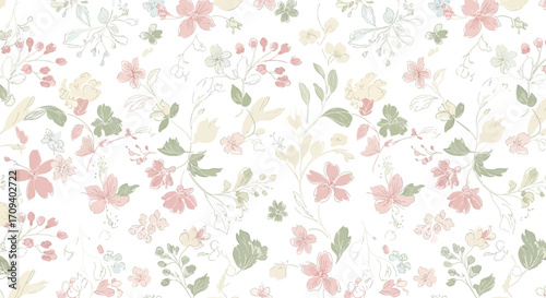 Pastel floral pattern, seamless repeat design with delicate pink, green, and yellow flowers on a white background, illustrated in a soft watercolor style.