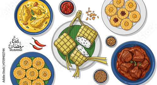 Flat lay overhead shot of various Indonesian Eid dishes, including ketupat, rendang, and other traditional foods, against a white background, showcasing a vibrant and