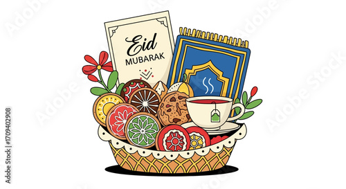Flat lay illustration of an Eid Mubarak gift basket containing sweets, tea, a prayer mat, and greeting cards against a white background, showcasing vibrant colors and a