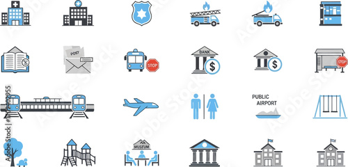 Collection of flat design city icons: buildings, transport, services, and public spaces in blue and gray, against a white background.