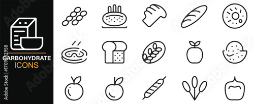 Thin line illustration pack of carbohydrate items such as bread, pasta, and rice