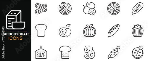 Vector line icons set of carbohydrate rich foods including grains, sweets, and fruits