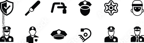 Law enforcement icon set, black and white police symbols, security gear, surveillance, fingerprint, badge, officer profiles, crime prevention, stylized graphic