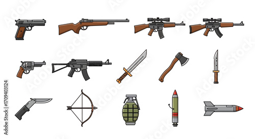 Flat lay illustration of various weapons: pistol, rifle, sword, axe, knife, bow, grenade, missile, against a white background, featuring a muted color palette.