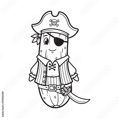 Cartoon pickle pirate with eye patch and pirate hat line art