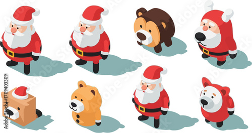 Isometric illustration of eight Christmas characters including Santa Claus and animals wearing Santa hats against a white background, in a cheerful red and white color